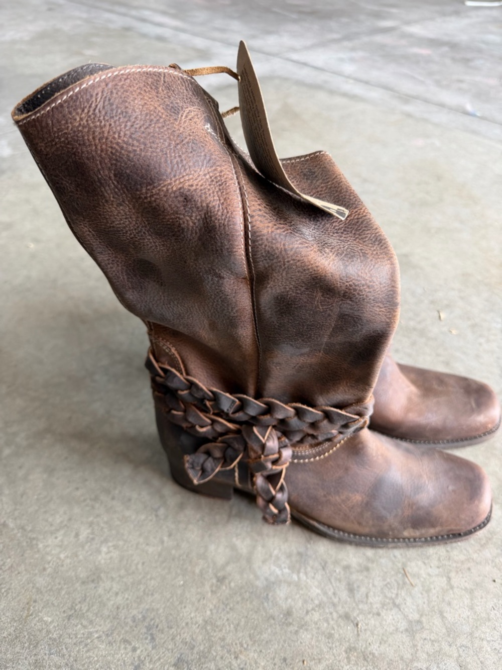 BED|STU Distressed Brown Leather Braided Mid-Calf Boots